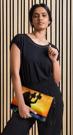Island Girl at Sunset Wristlet - Original Art Wristlet for Women - Bold Warm Sunset Hula Dancer Silhouette Print Wristlet by Debbie Kingsley