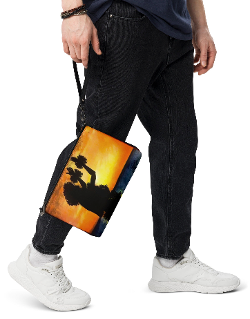 Island Girl at Sunset Wristlet - Original Art Wristlet for Women - Bold Warm Sunset Hula Dancer Silhouette Print Wristlet by Debbie Kingsley