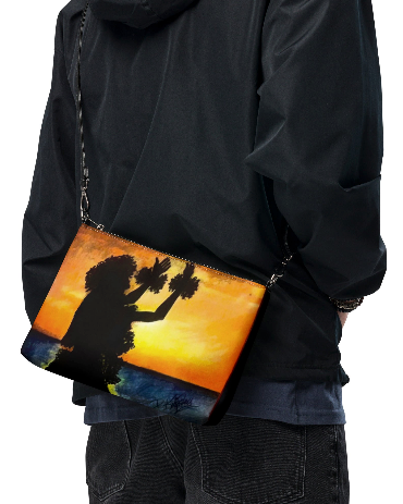 Island Girl at Sunset Wristlet - Original Art Wristlet for Women - Bold Warm Sunset Hula Dancer Silhouette Print Wristlet by Debbie Kingsley