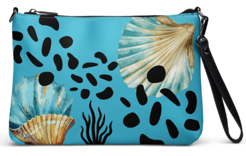 Teal Shell Dreams Shoulder - Wristlet Clutch Bag — Bold Coastal Shell and Sea Pebble Shadow Art Bag in Turquoise for Women Who Carry the Peace of the Ocean Everywhere They Go