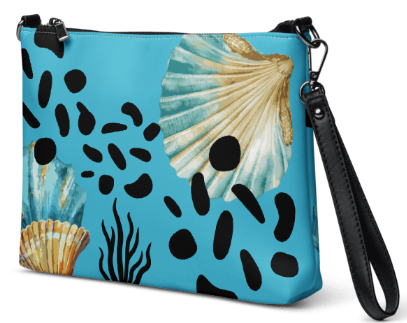 Teal Shell Dreams Shoulder - Wristlet Clutch Bag — Bold Coastal Shell and Sea Pebble Shadow Art Bag in Turquoise for Women Who Carry the Peace of the Ocean Everywhere They Go