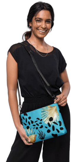 Teal Shell Dreams Shoulder - Wristlet Clutch Bag — Bold Coastal Shell and Sea Pebble Shadow Art Bag in Turquoise for Women Who Carry the Peace of the Ocean Everywhere They Go