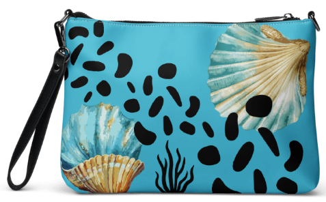 Teal Shell Dreams Shoulder - Wristlet Clutch Bag — Bold Coastal Shell and Sea Pebble Shadow Art Bag in Turquoise for Women Who Carry the Peace of the Ocean Everywhere They Go