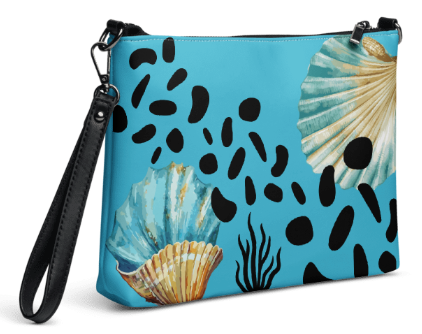 Teal Shell Dreams Shoulder - Wristlet Clutch Bag — Bold Coastal Shell and Sea Pebble Shadow Art Bag in Turquoise for Women Who Carry the Peace of the Ocean Everywhere They Go
