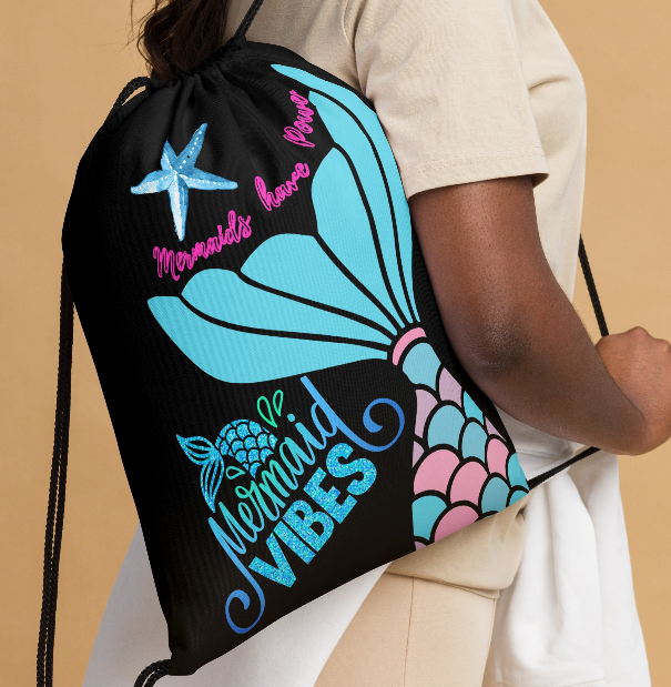 Mermaid Vibes Mermaids Have Power Drawstring Bag — Bold Black Teal and Pink Mermaid Tail Art Bag for Women Who Know Their Power Runs as Deep as the Ocean