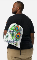Peacock Feather Fantasy Drawstring Bag - Wearable Art Bag for Women - Bold Rainbow Peacock Feather Print Bag