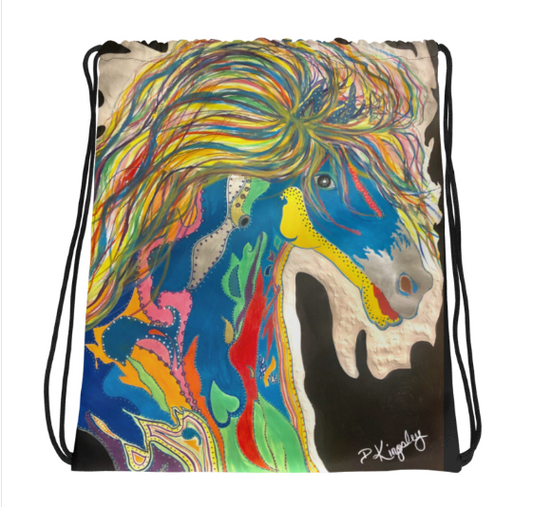 A Horse of a Different Kind Drawstring Bag — Original Hand Painted Rainbow Mane Art Bag for Women Who Are Simply Not Like Everyone Else and Have Never Wanted to Be