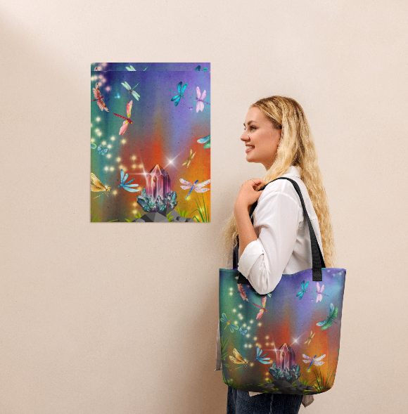 Dragonfly Forest Beach Tote Bag - Wearable Art Tote Bag for Women - Bold Magical Dragonfly and Crystal Print Beach Bag