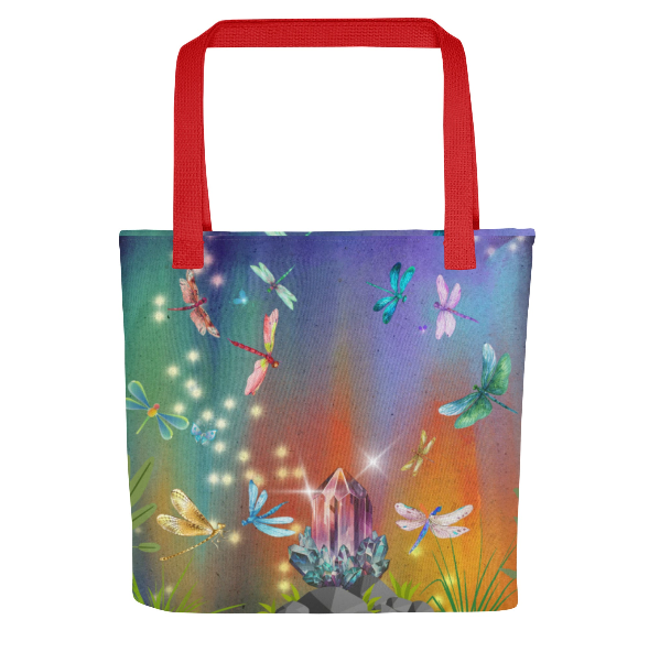Dragonfly Forest Beach Tote Bag - Wearable Art Tote Bag for Women - Bold Magical Dragonfly and Crystal Print Beach Bag