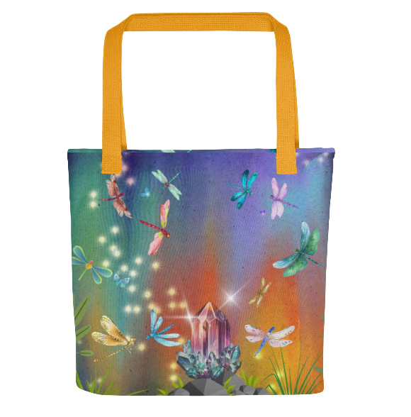 Dragonfly Forest Beach Tote Bag - Wearable Art Tote Bag for Women - Bold Magical Dragonfly and Crystal Print Beach Bag