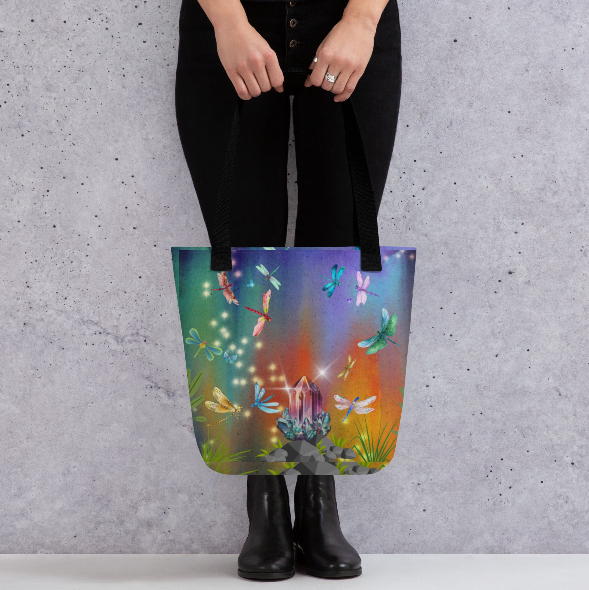 Dragonfly Forest Beach Tote Bag - Wearable Art Tote Bag for Women - Bold Magical Dragonfly and Crystal Print Beach Bag