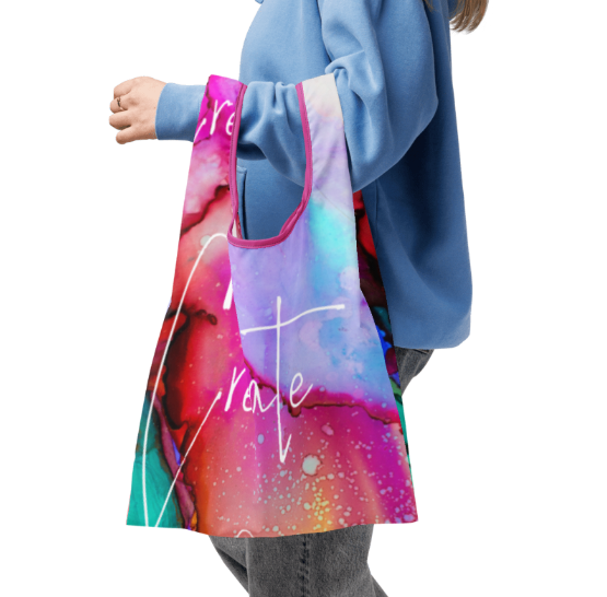 Create Without Limits Shopping Bag - Wearable Art Reusable Bag for Women - Bold Fluid Art Print Shopping Bag with Inspirational Message