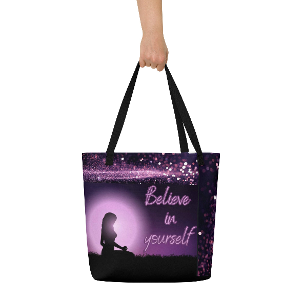 Believe in Yourself Beach Tote Bag - Wearable Art Tote Bag for Women - Bold Purple Galaxy Meditation Silhouette Tote Bag