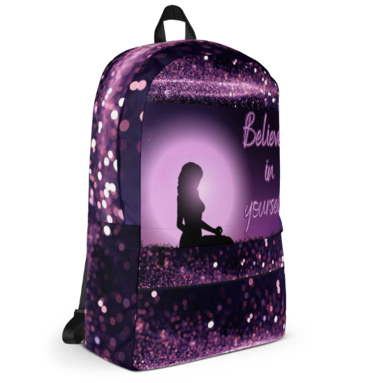 Believe In Yourself Purple Galaxy Backpack — Bold Glowing Moon Meditation Silhouette Art Bag for Women Who Are Ready to Trust Themselves Completely