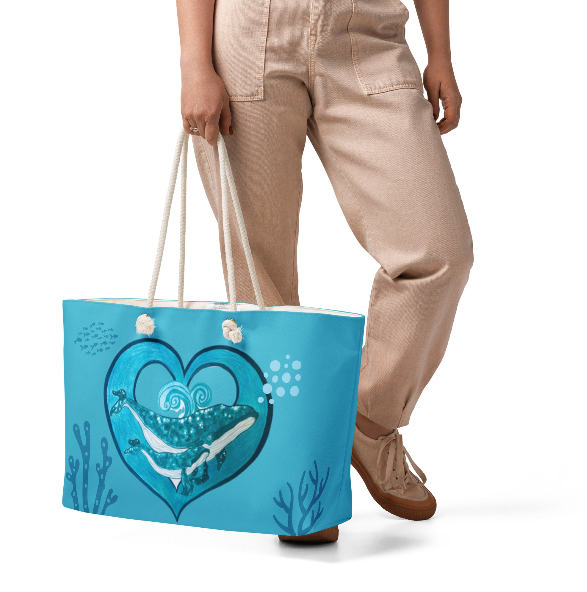 Two Hearts in the Depths Weekender Bag — Original Teal Whale Heart Mother and Baby Art Bag in Ocean Blue and Teal for Women Who Love With the Depth and Strength of the Ocean Itself
