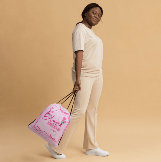 Be Blessed Beyond Measure Drawstring Bag - Wearable Art Bag for Women - Soft Pink Rose Print Bag with Inspirational Message