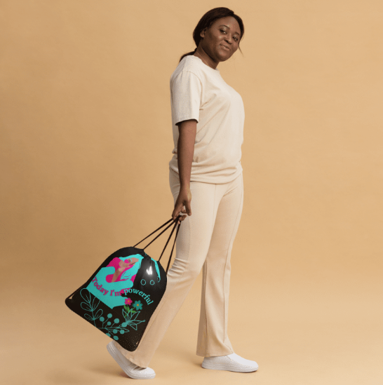 Today I Am Powerful Drawstring Bag — Bold Teal and Hot Pink Confident Woman Art Bag on Black for Women Who Wake Up Every Morning and Choose Their Own Strength