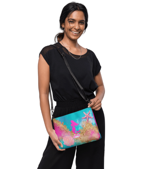 Mermaid Vibes in Pink Wristlet - Wearable Art Wristlet for Women - Bold Pink Teal and Gold Mermaid Print Wristlet Bag