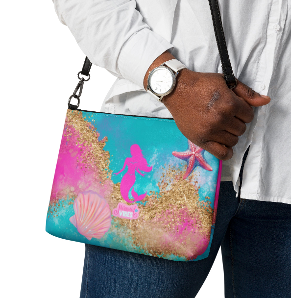 Mermaid Vibes in Pink Wristlet - Wearable Art Wristlet for Women - Bold Pink Teal and Gold Mermaid Print Wristlet Bag