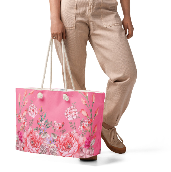 In Full Bloom Pink Peony Weekender Bag — Lush Floral Garden Art Bag in Soft Pink and Rose for Women Who Are Finally Ready to Take Up Space and Bloom Without Apology
