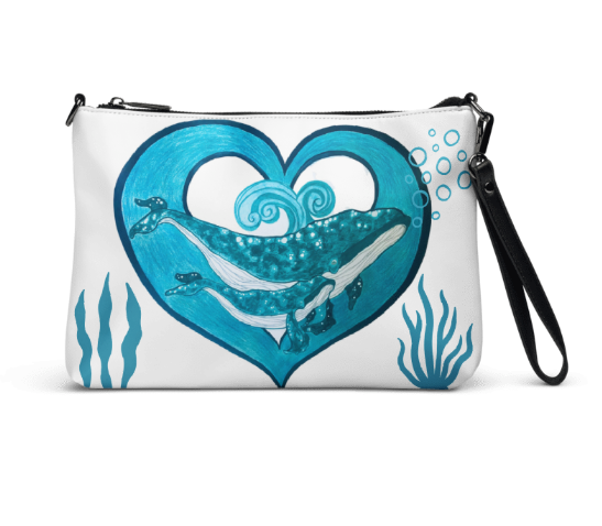 Two Hearts in the Depths Wristlet — Original Teal Whale Heart Mother and Baby Art Crossbody Wristlet Bag on White for Women Who Carry Their Love Wherever They Go