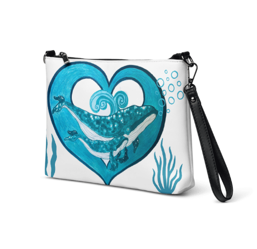 Two Hearts in the Depths Wristlet — Original Teal Whale Heart Mother and Baby Art Crossbody Wristlet Bag on White for Women Who Carry Their Love Wherever They Go