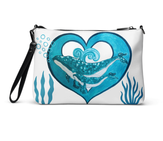 Two Hearts in the Depths Wristlet — Original Teal Whale Heart Mother and Baby Art Crossbody Wristlet Bag on White for Women Who Carry Their Love Wherever They Go