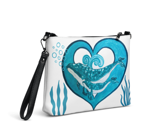 Two Hearts in the Depths Wristlet — Original Teal Whale Heart Mother and Baby Art Crossbody Wristlet Bag on White for Women Who Carry Their Love Wherever They Go