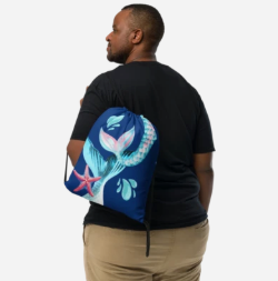 Where Mermaids Play Drawstring Bag — Magical Mermaid Tail Art Drawstring Bag for Women, Iridescent Teal and Pink Mermaid Bag, Wearable Art Gym Bag on Royal Blue