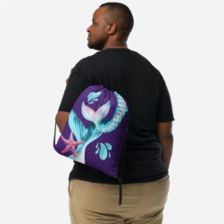 Where Mermaids Play Purple Drawstring Bag — Magical Mermaid Tail Art Drawstring Bag for Women, Iridescent Teal and Pink Mermaid Bag, Wearable Art Gym Bag on Deep Purple