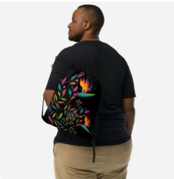 Bird of Paradise Botanical Pop Drawstring Bag — Bold Tropical Floral Art Drawstring Bag for Women, Neon Bird of Paradise on Black, Wearable Art Gym Bag