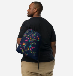 Botanical Garden in Bloom Drawstring Bag — Elegant Tropical Floral Art Drawstring Bag for Women, Bird of Paradise on Navy Blue, Wearable Art Gym Bag