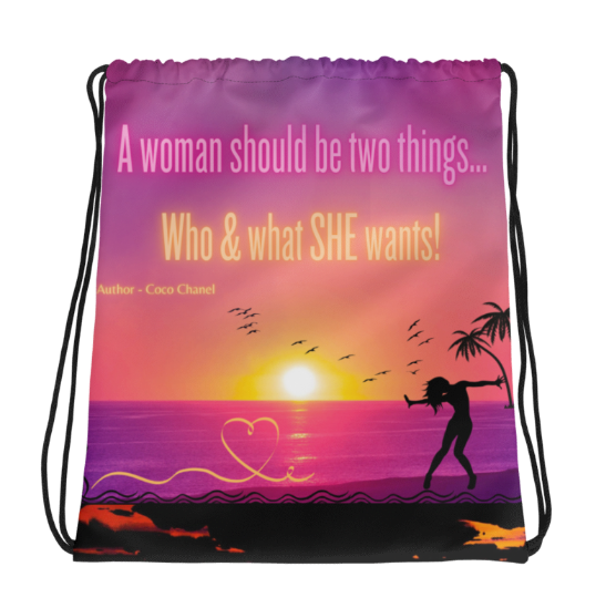 A Woman Should Be Two Things Drawstring Bag — Bold Coco Chanel Quote Drawstring Bag for Women, Tropical Sunset Silhouette Empowerment Gym Bag, Wearable Confidence Bag