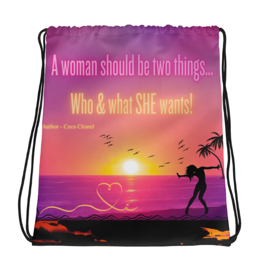 A Woman Should Be Two Things Drawstring Bag — Bold Coco Chanel Quote Drawstring Bag for Women, Tropical Sunset Silhouette Empowerment Gym Bag, Wearable Confidence Bag