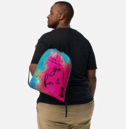 Go For It Girl Drawstring Bag — Bold Empowerment Quote Drawstring Bag for Women, Hot Pink and Teal Gold Glitter Art Gym Bag, Wearable Confidence Bag