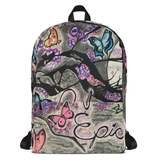 Life Is Epic Backpack — Original Art Backpack by Debbie Kingsley, Charcoal Butterfly and Wisteria Painting, Wearable Art Backpack for Women
