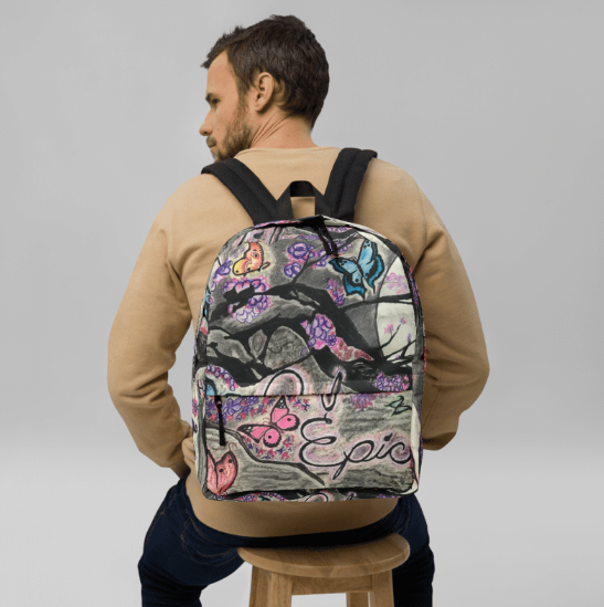Life Is Epic Backpack — Original Art Backpack by Debbie Kingsley, Charcoal Butterfly and Wisteria Painting, Wearable Art Backpack for Women