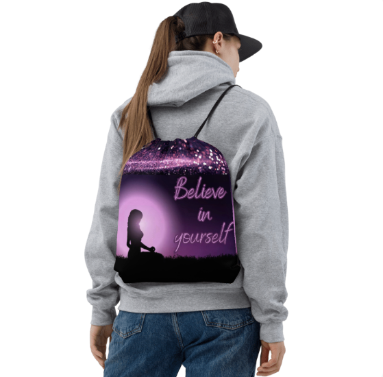 Believe in Yourself Drawstring Bag — Bold Empowerment Quote Drawstring Bag for Women, Purple Moon Meditation Silhouette Gym Bag, Wearable Art Confidence Bag