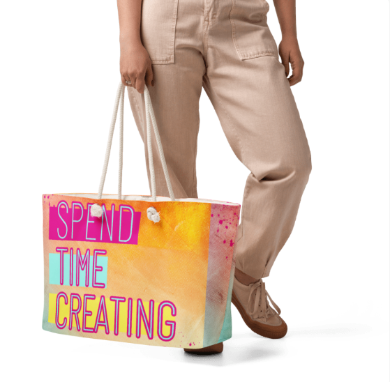 Sunset and Creating Something Beautiful Weekender Bag — Bold Watercolor Sunset Art Bag in Orange Yellow Pink and Teal for Women Who Live Creatively and Travel With Intention