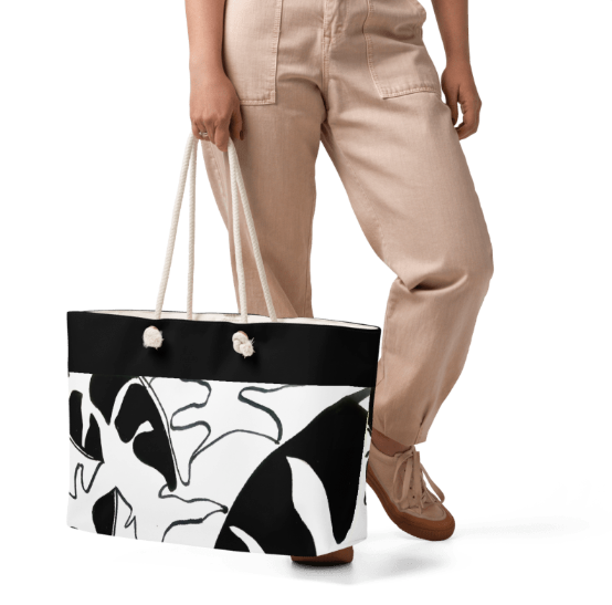 Black and White Canopy Weekender Bag — Original Hand Drawn Elephant Leaf Art Tote for Women Who Carry Their Style With Intention