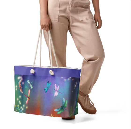 Dragonfly Forest Purple Weekender Tote Bag — Magical Dragonfly Art Weekender Bag for Women, Enchanted Dragonfly and Fairy Light Tote, Wearable Art Beach Bag