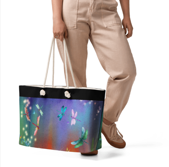 Dragonfly Forest Black Weekender Tote Bag — Magical Dragonfly Art Weekender Bag for Women, Enchanted Dragonfly and Fairy Light Tote, Wearable Art Beach Bag