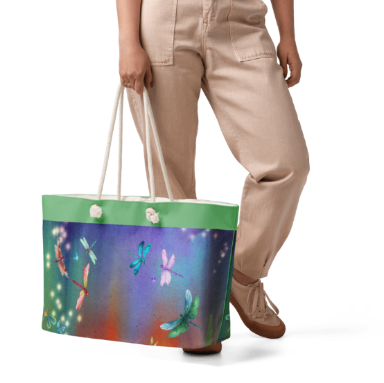 Dragonfly Forest Green Weekender Tote Bag — Magical Dragonfly Art Weekender Bag for Women, Enchanted Dragonfly and Fairy Light Tote, Wearable Art Beach Bag