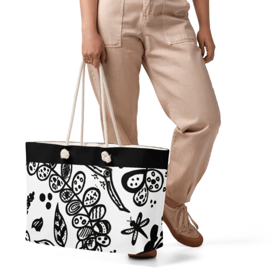 Botanical Garden in Black and White Weekender Tote Bag — Original Black Ink Botanical Art Weekender Bag by Debbie Kingsley, Bold Graphic Floral Tote, Wearable Art Beach Bag weekender bag