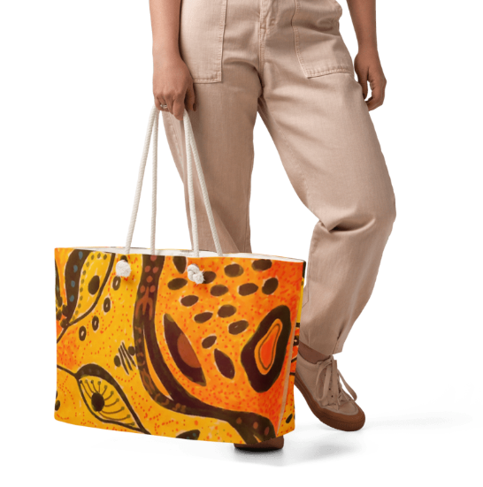 Autumn Whirl Winds Weekender Tote Bag — Original Abstract Art Weekender Bag by Debbie Kingsley, Bold Golden Orange and Brown Abstract Tote, Wearable Art Beach Bag