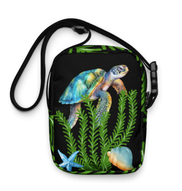 Mermaid Vibes Crossbody Shoulder Bag — Bold Sea Turtle and Starfish Art Crossbody Bag for Women, Black Teal and Green Mermaid Vibes Bag, Wearable Art Shoulder Bag with Inside and Outside Pockets