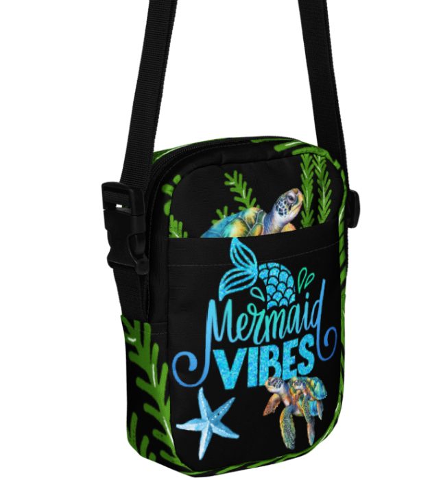 Mermaid Vibes Crossbody Shoulder Bag — Bold Sea Turtle and Starfish Art Crossbody Bag for Women, Black Teal and Green Mermaid Vibes Bag, Wearable Art Shoulder Bag with Inside and Outside Pockets