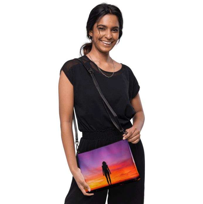 Standing in the Silence Wristlet/Shoulder Bag — Bold Sunset Silhouette Art Bag in Purple Magenta Coral and Orange for Women Who Have Found Their Power in the Still Quiet Moments