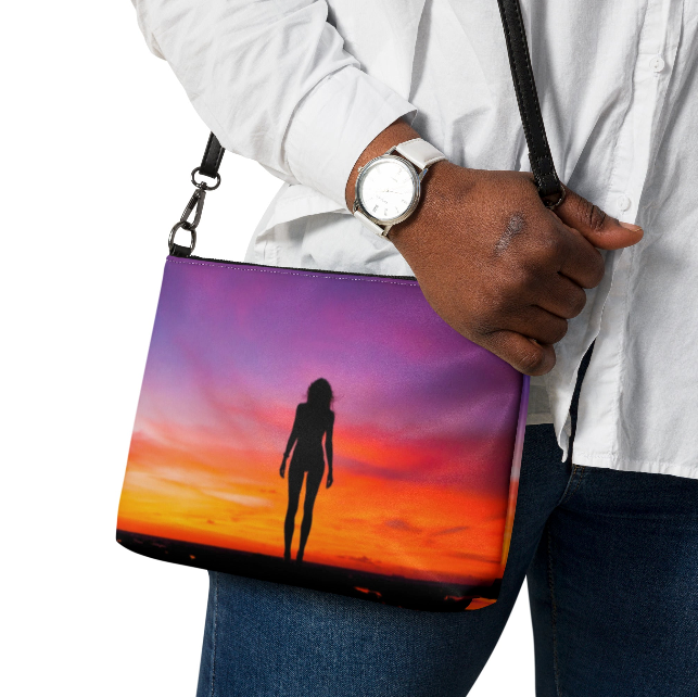 Standing in the Silence Wristlet/Shoulder Bag — Bold Sunset Silhouette Art Bag in Purple Magenta Coral and Orange for Women Who Have Found Their Power in the Still Quiet Moments