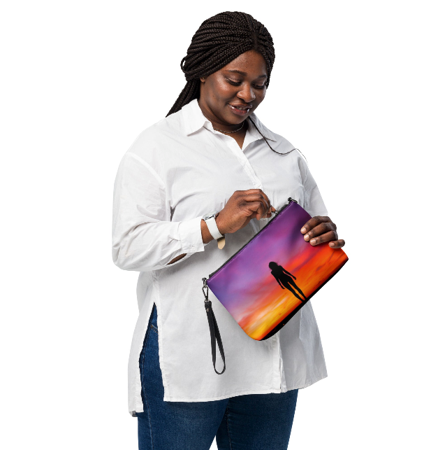 Standing in the Silence Wristlet/Shoulder Bag — Bold Sunset Silhouette Art Bag in Purple Magenta Coral and Orange for Women Who Have Found Their Power in the Still Quiet Moments